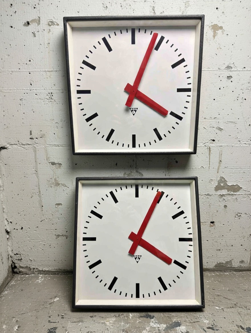 Large Czech Industrial 1970s Square Factory Clocks By Pragotron