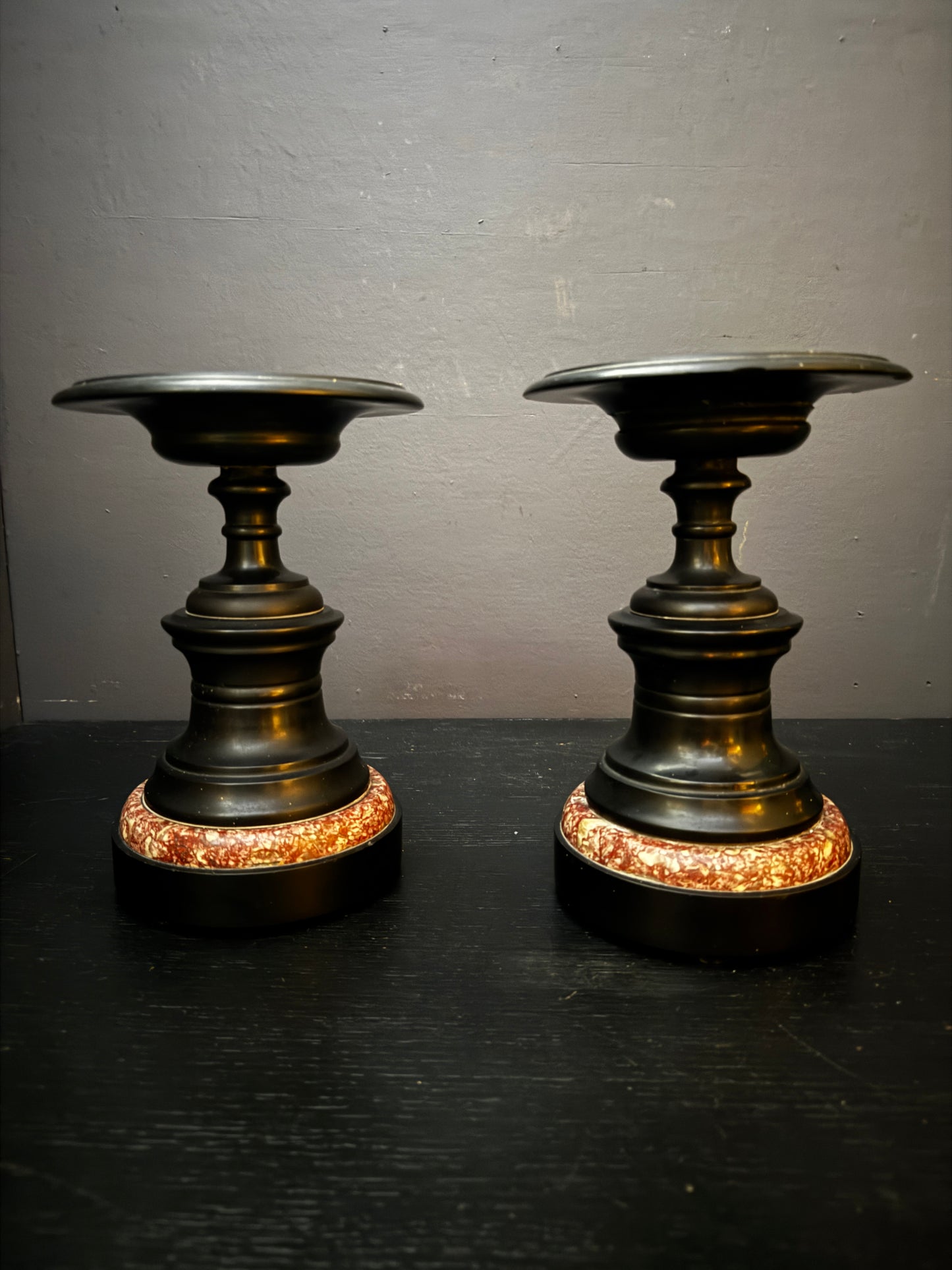 Mid 1800s Pair Of French Turned Black Marble Candle Sticks