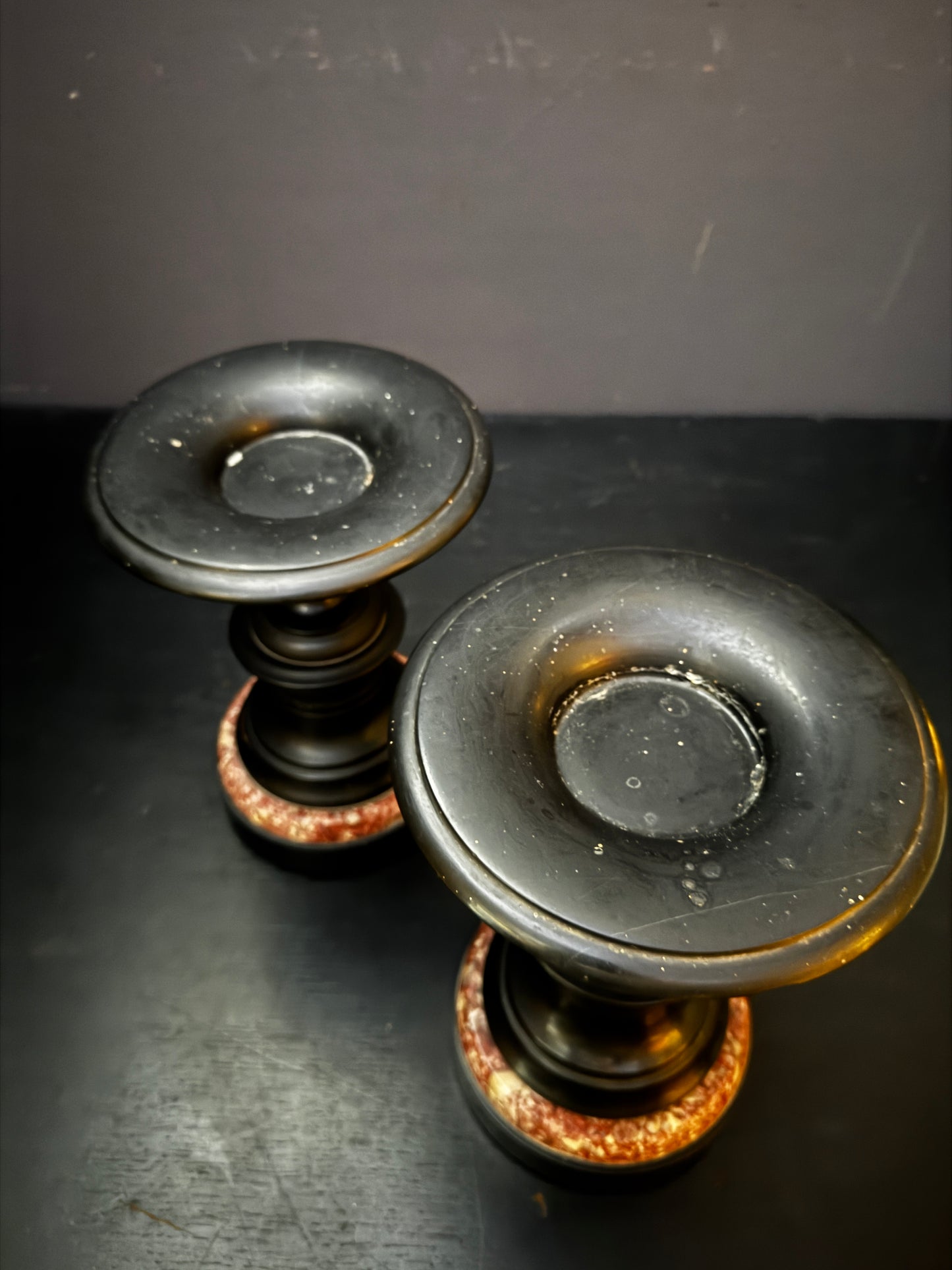 Mid 1800s Pair Of French Turned Black Marble Candle Sticks