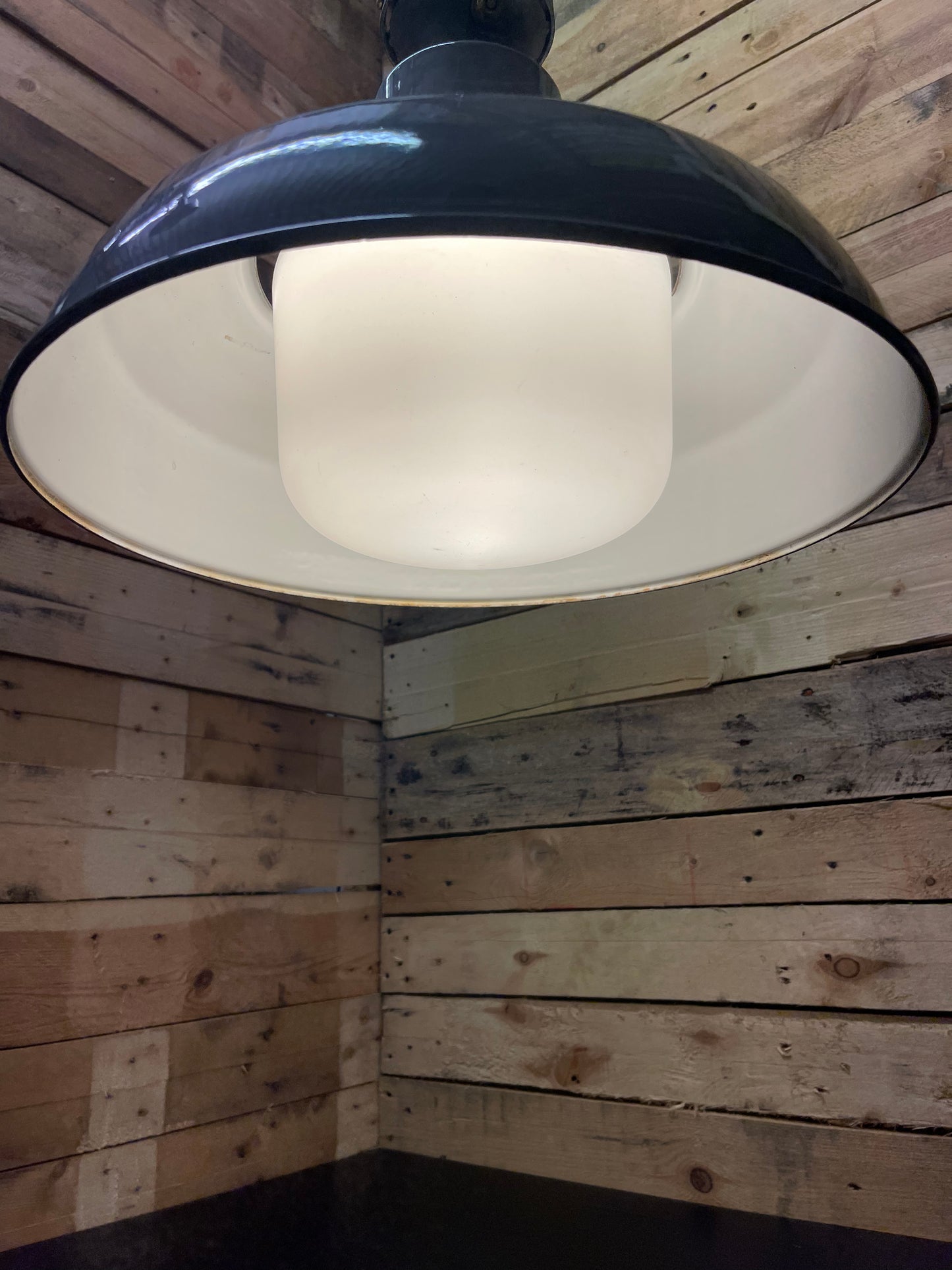 1930s Large Enamel Pendant Lights With Opaline Diffusers By Benjamin
