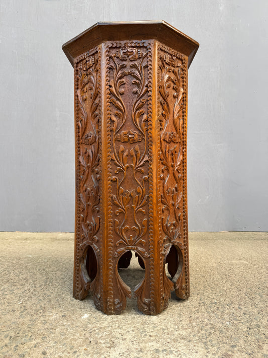 1950s Octaginal Hand Carved Walnut Turkish Table.