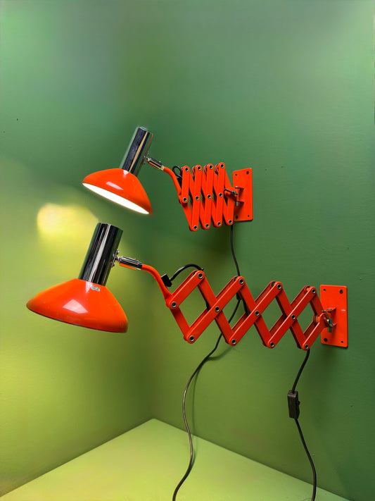 1970s Bright Orange Scissor Lamps By SIS Germany.