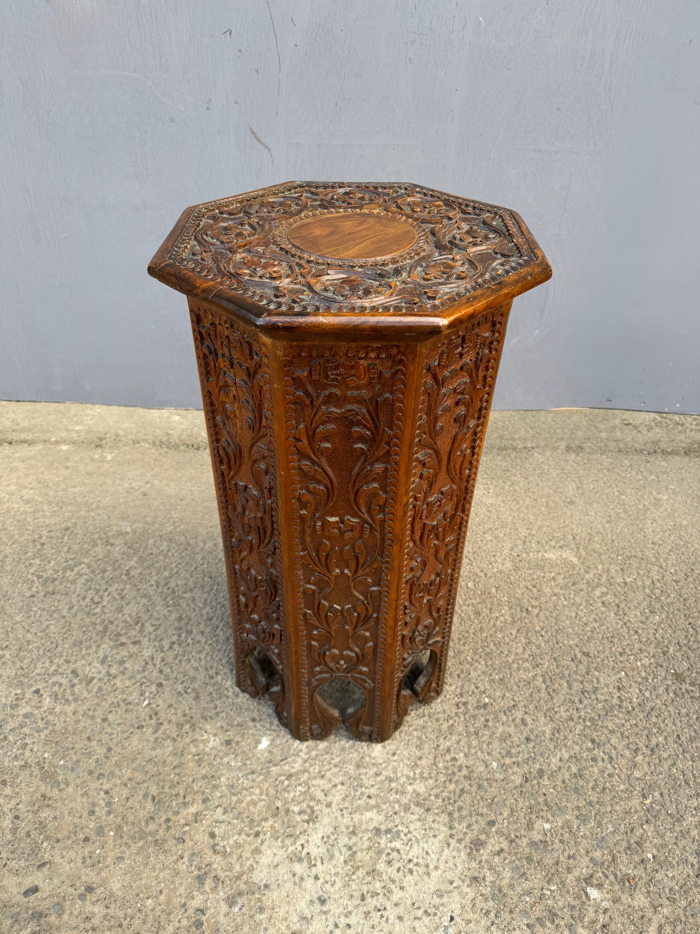 1950s Octaginal Hand Carved Walnut Turkish Table.