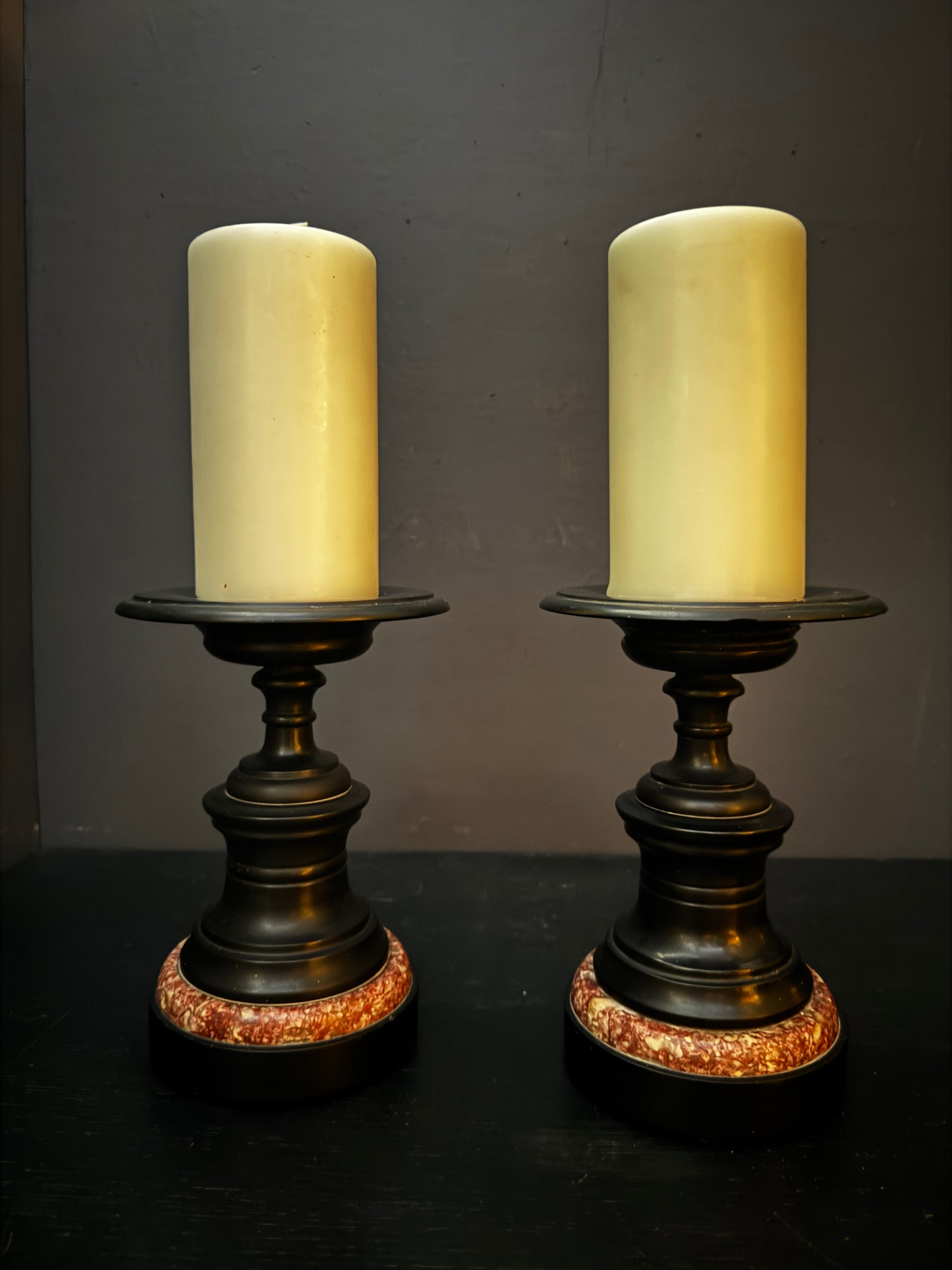 Mid 1800s Pair Of French Turned Black Marble Candle Sticks