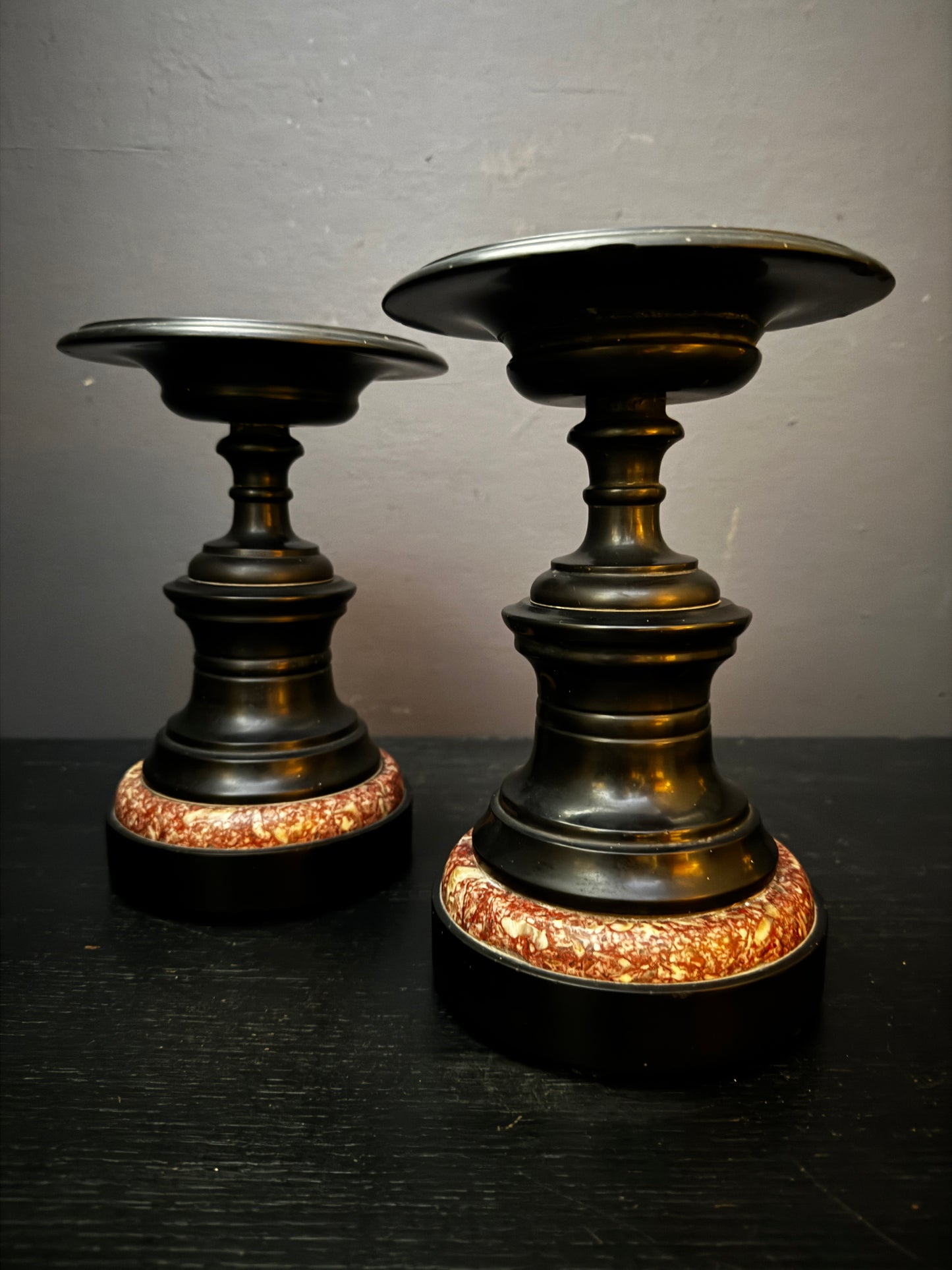 Mid 1800s Pair Of French Turned Black Marble Candle Sticks