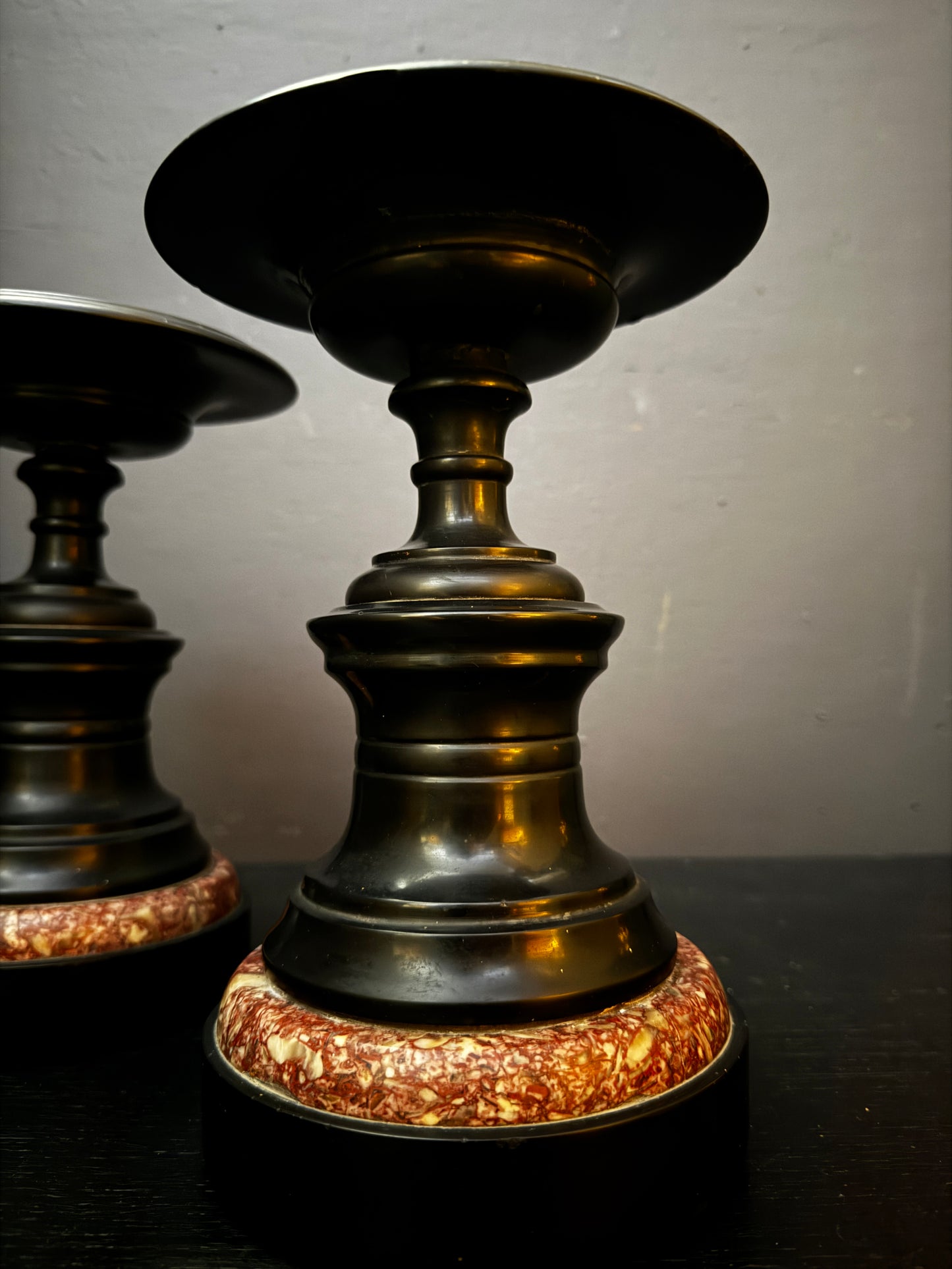 Mid 1800s Pair Of French Turned Black Marble Candle Sticks