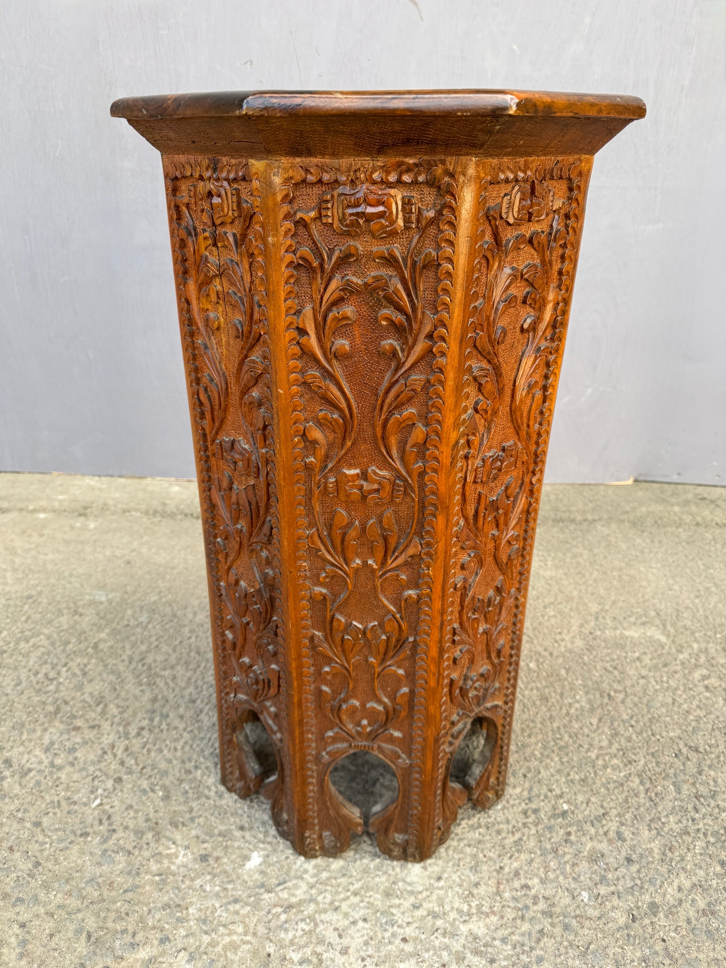 1950s Octaginal Hand Carved Walnut Turkish Table.