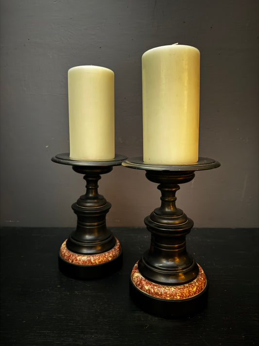 Mid 1800s Pair Of French Turned Black Marble Candle Sticks