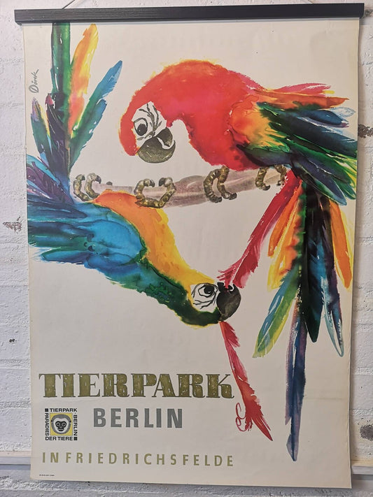Vintage 1960s Tierpark Berlin Original Zoo Poster Advertising Of Macaw Parrots