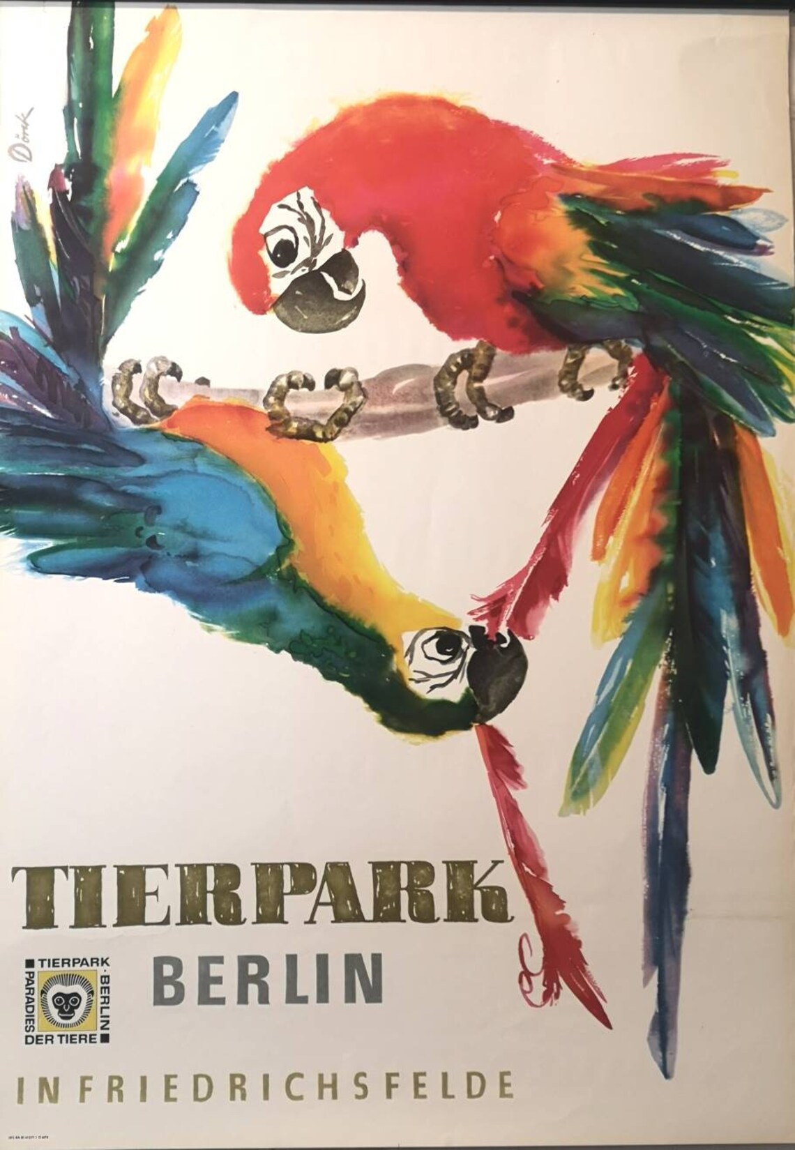 Vintage 1960s Tierpark Berlin Original Zoo Poster Advertising Of Macaw Parrots