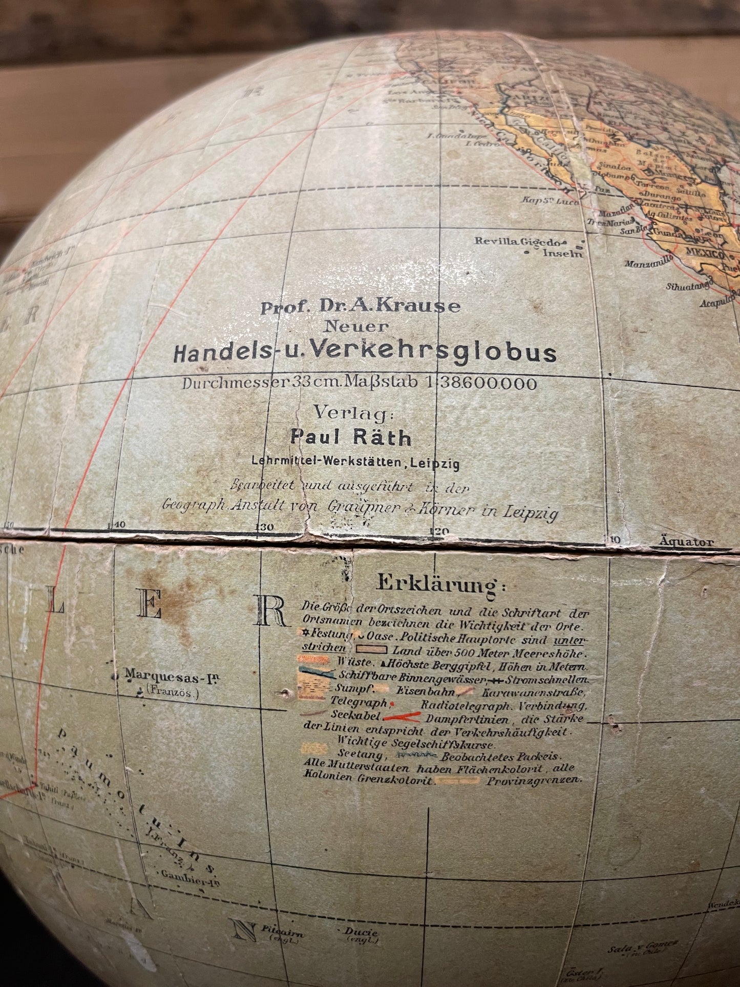 German Antique Table Globe By Paul Räth & Dr A Krause, Leipzig 1920s