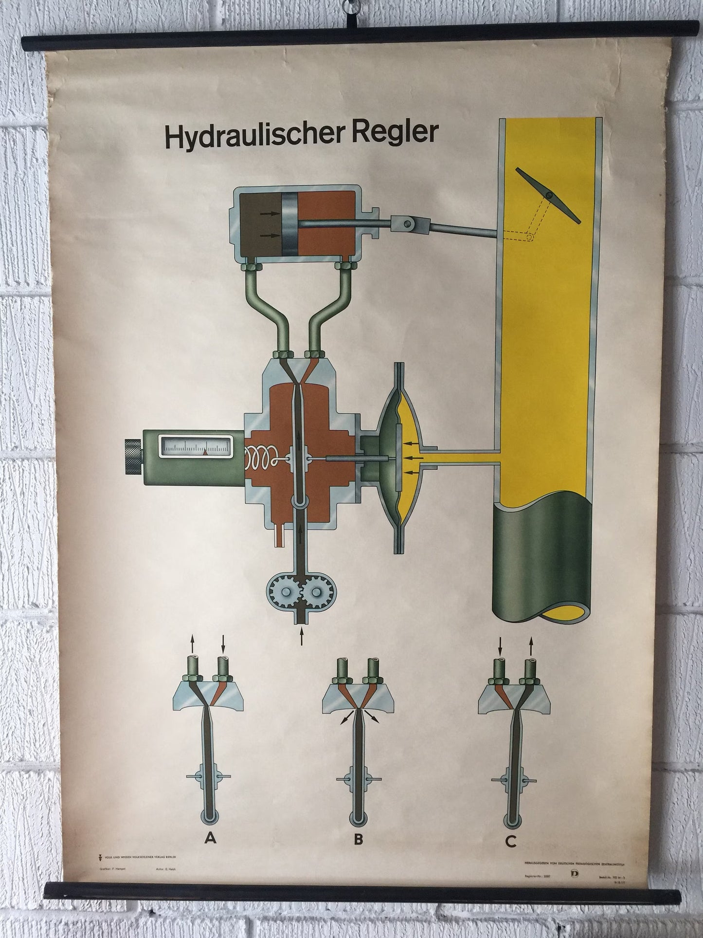 Vintage East German GDR Roll Down Poster Of A Hydraulic Regulator By Volk Und Wissen, Berlin