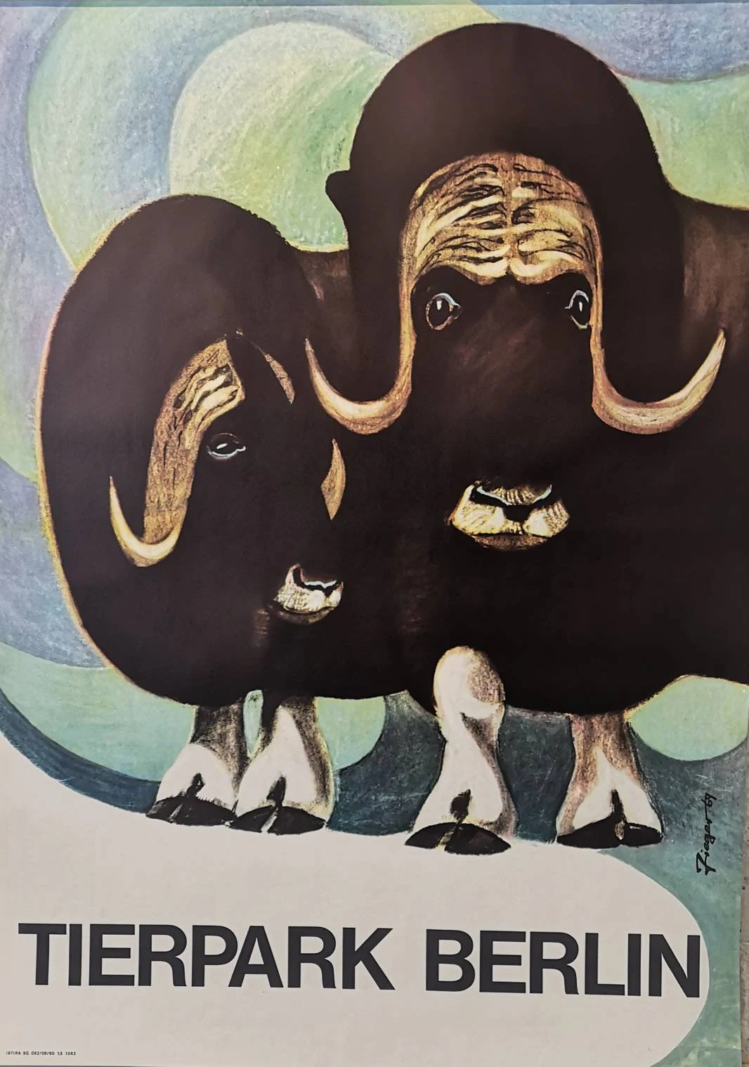 Vintage 1960s Tierpark Berlin Original Zoo Poster Advertising Of A Pair Of Musk Oxen