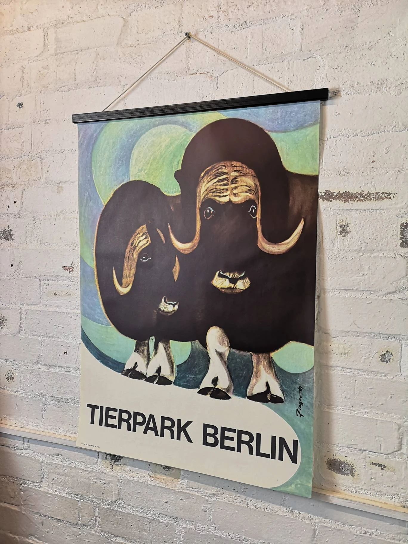 Vintage 1960s Tierpark Berlin Original Zoo Poster Advertising Of A Pair Of Musk Oxen