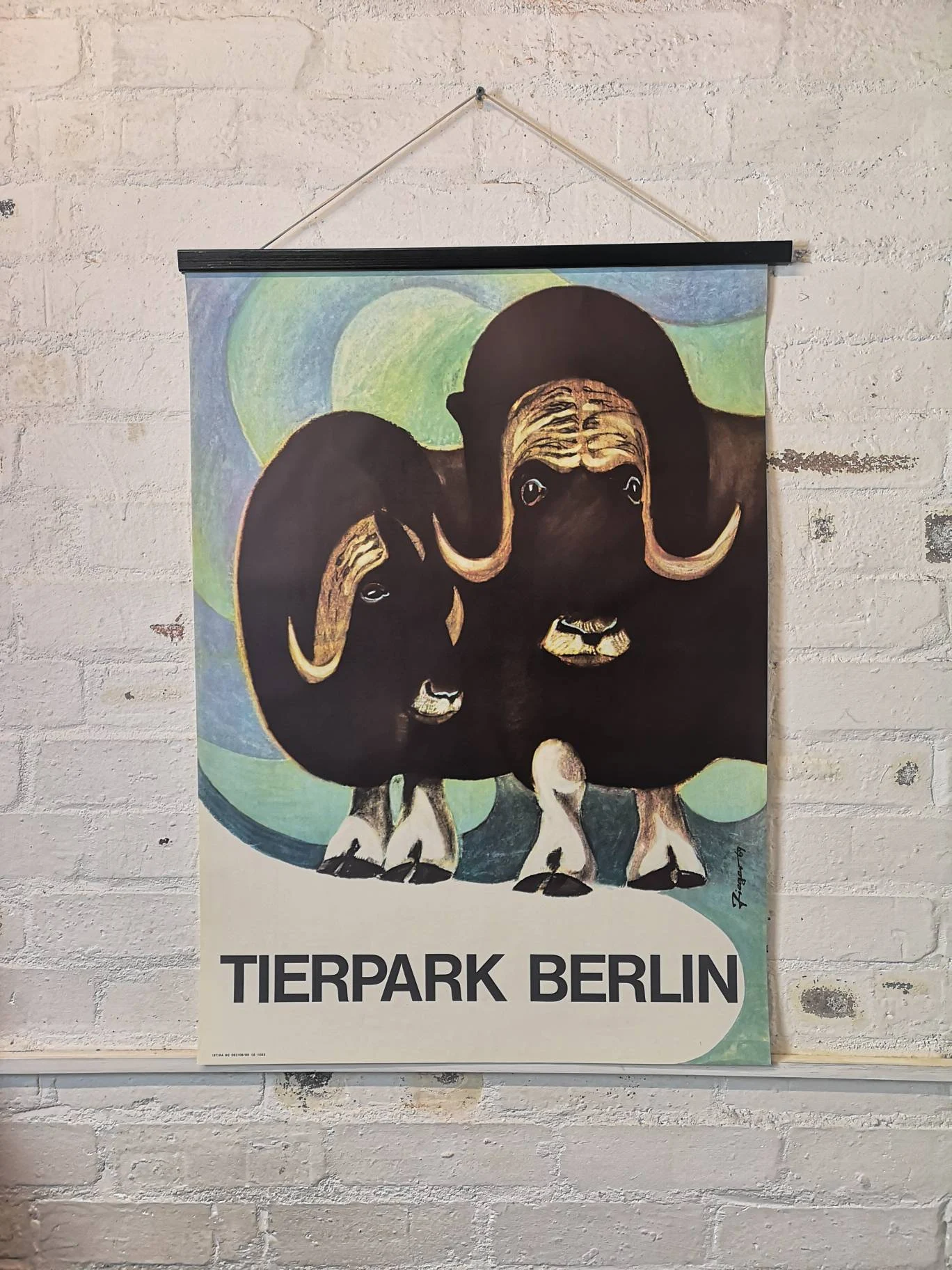 Vintage 1960s Tierpark Berlin Original Zoo Poster Advertising Of A Pair Of Musk Oxen