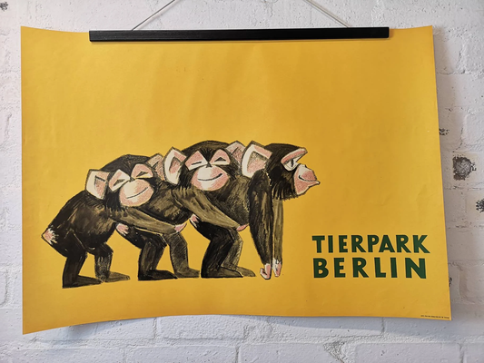 Vintage 1970s Tierpark Berlin Original Zoo Poster Advertising Of Baby Chimpanzees