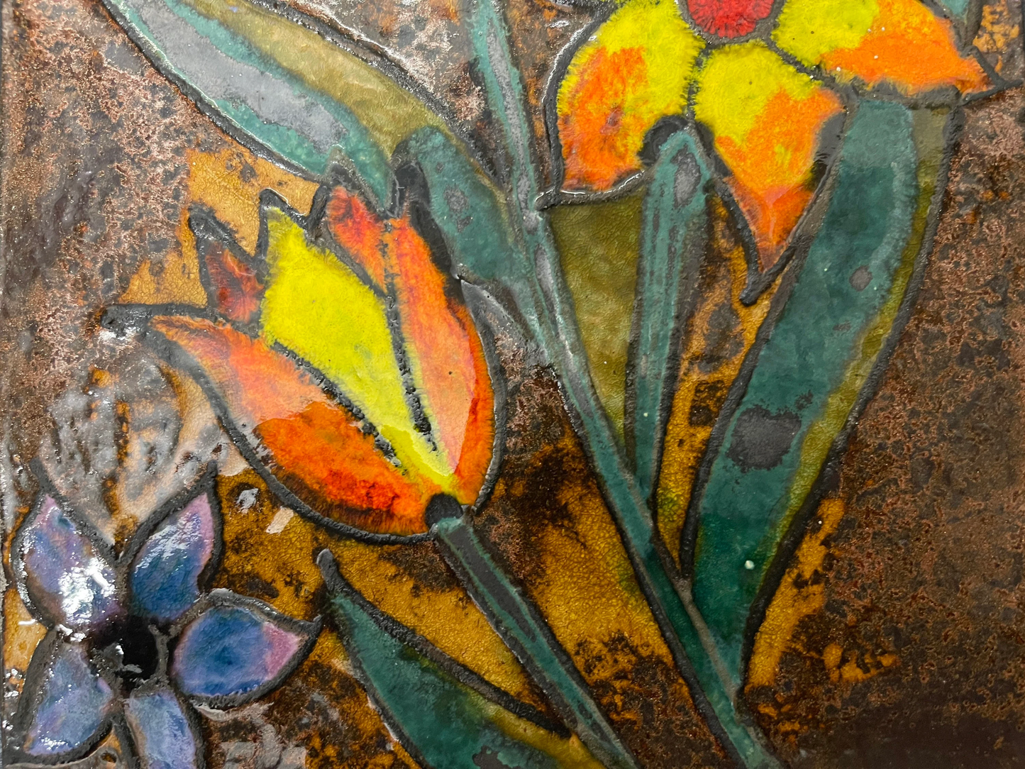 1960s Ruscha Art Floral Design Hand Painted Ceramic Mural Germany