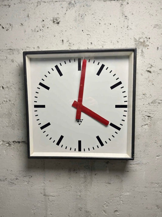 Large Czech Industrial 1970s Square Factory Clocks By Pragotron