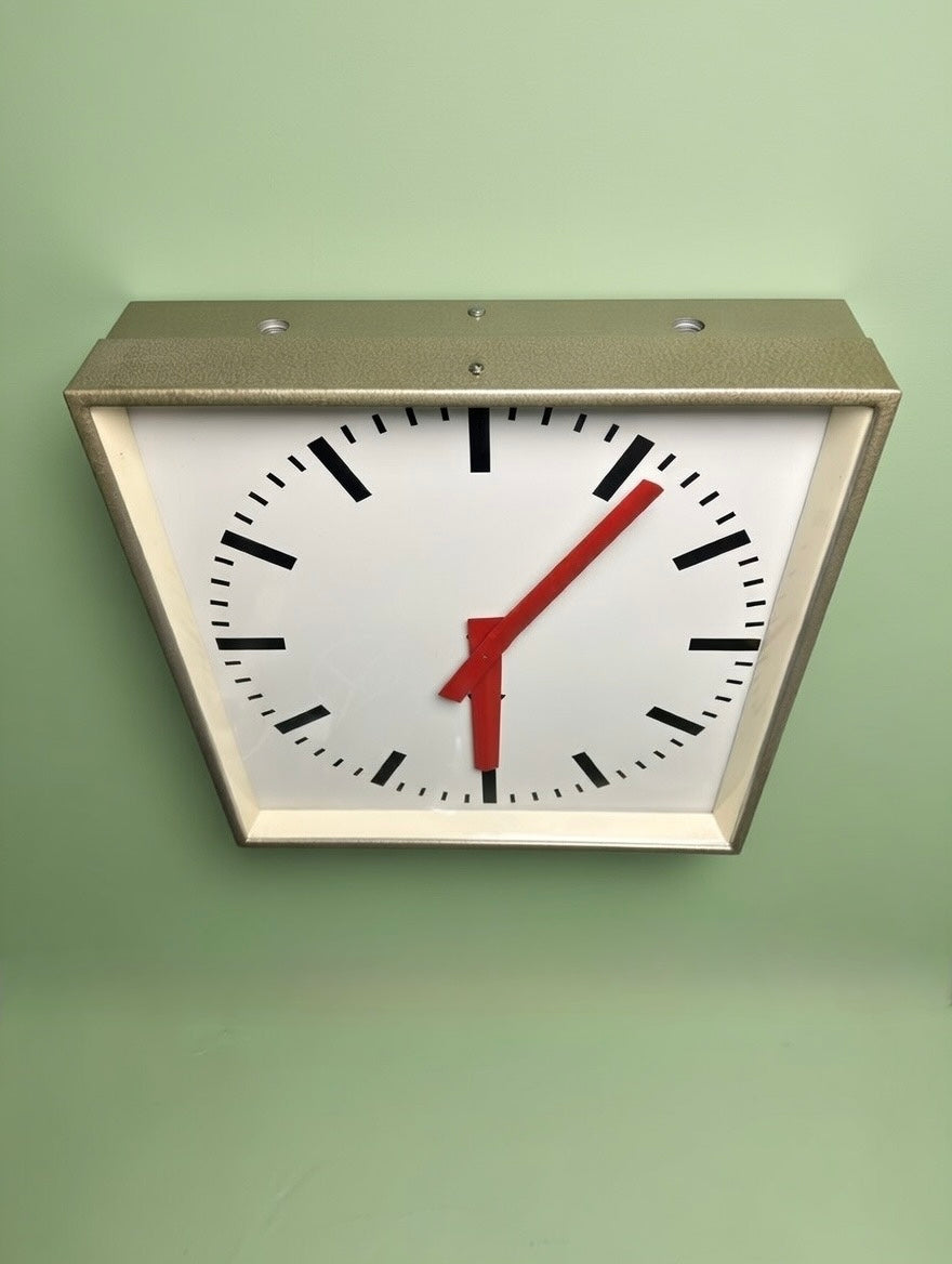 Large Czech Industrial 1970s Square Factory Clocks By Pragotron