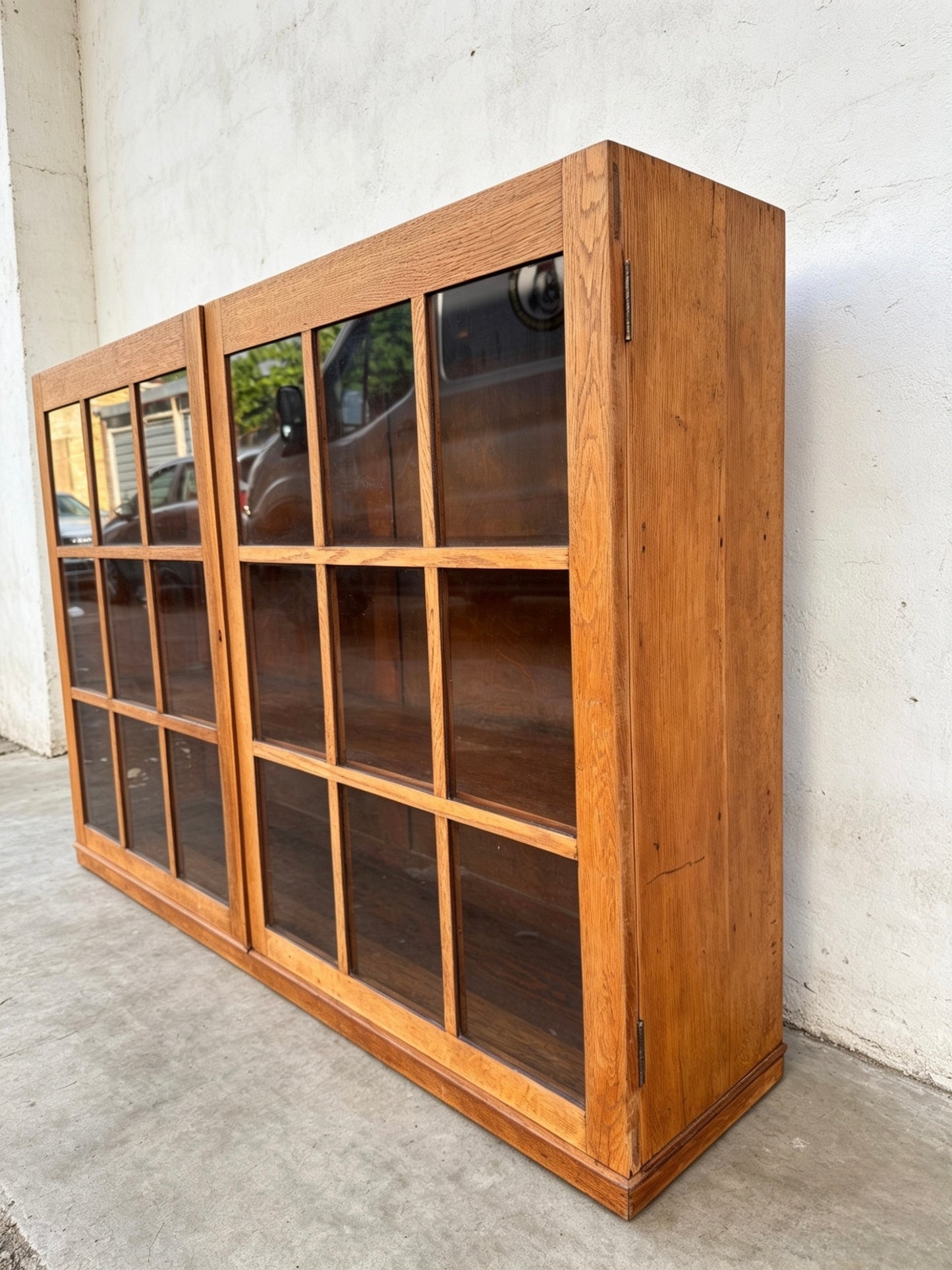 Early 1900s Oak Double Glass Door Display Bookshelf