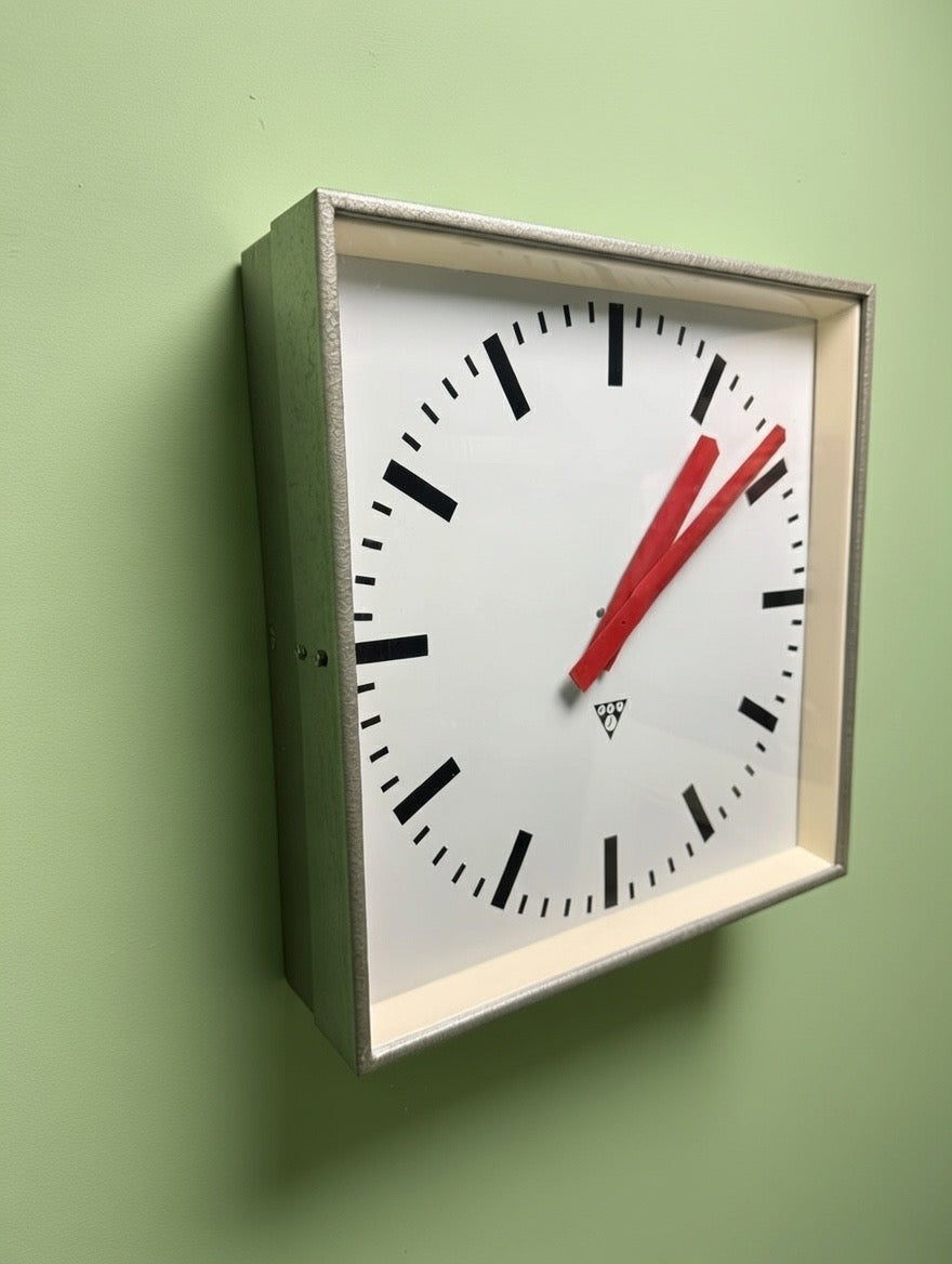 Large Czech Industrial 1970s Square Factory Clocks By Pragotron