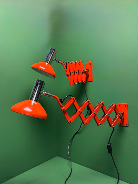 1970s Bright Orange Scissor Lamps By SIS Germany.