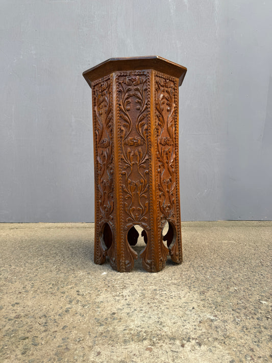 1950s Octaginal Hand Carved Walnut Turkish Table.