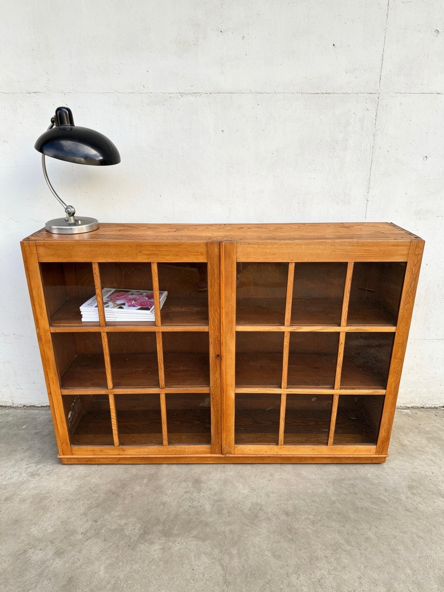 Early 1900s Oak Double Glass Door Display Bookshelf