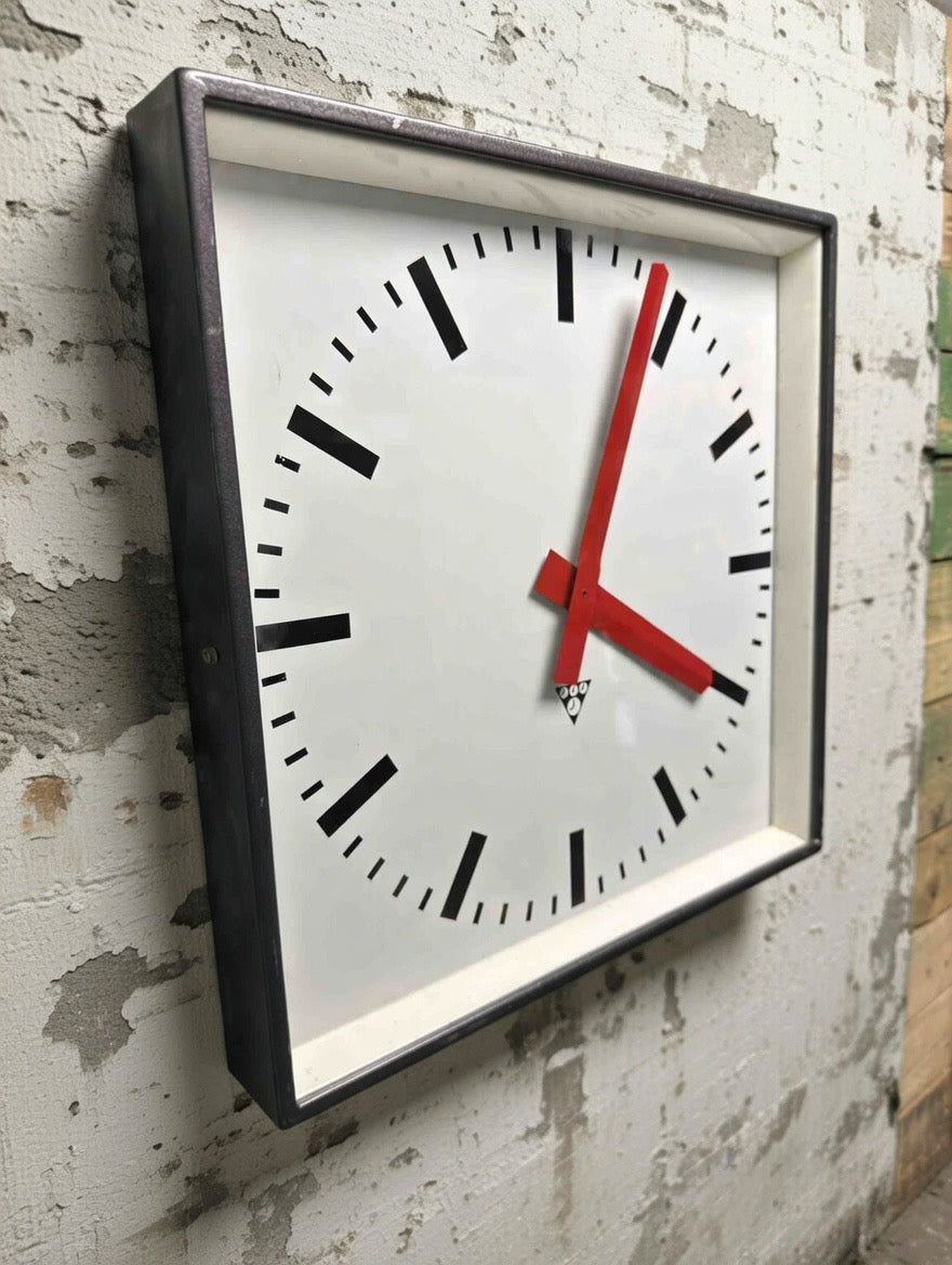 Large Czech Industrial 1970s Square Factory Clocks By Pragotron
