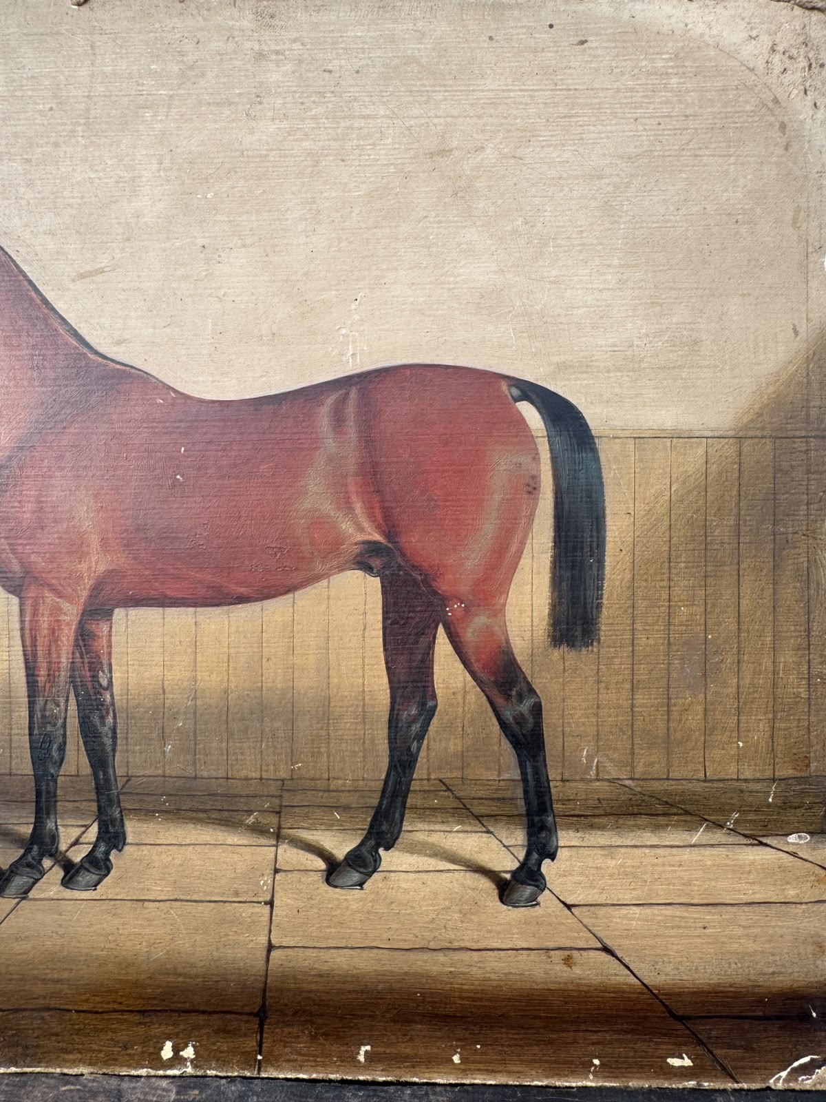 Late 1800s Oil Painting Bay Horse In A Stable