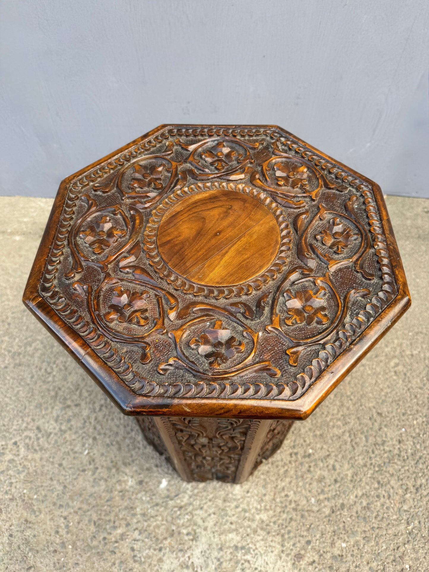 1950s Octaginal Hand Carved Walnut Turkish Table.