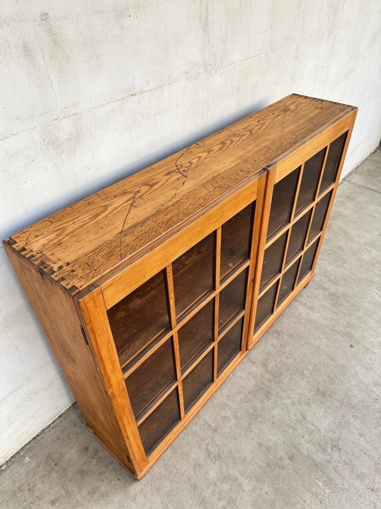 Early 1900s Oak Double Glass Door Display Bookshelf