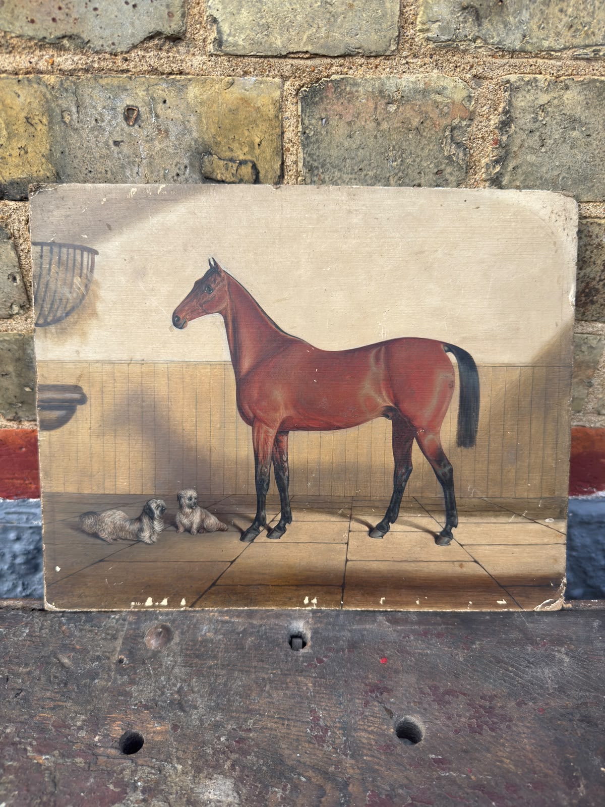Late 1800s Oil Painting Bay Horse In A Stable