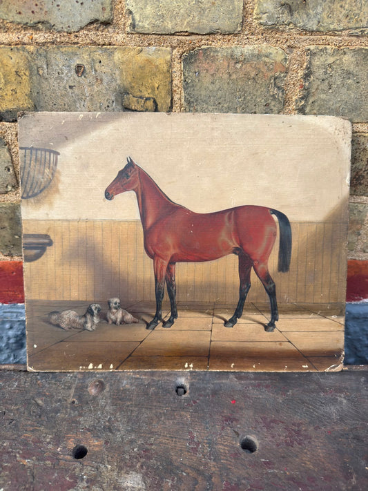 Late 1900s Oil Painting Bay Horse In A Stable