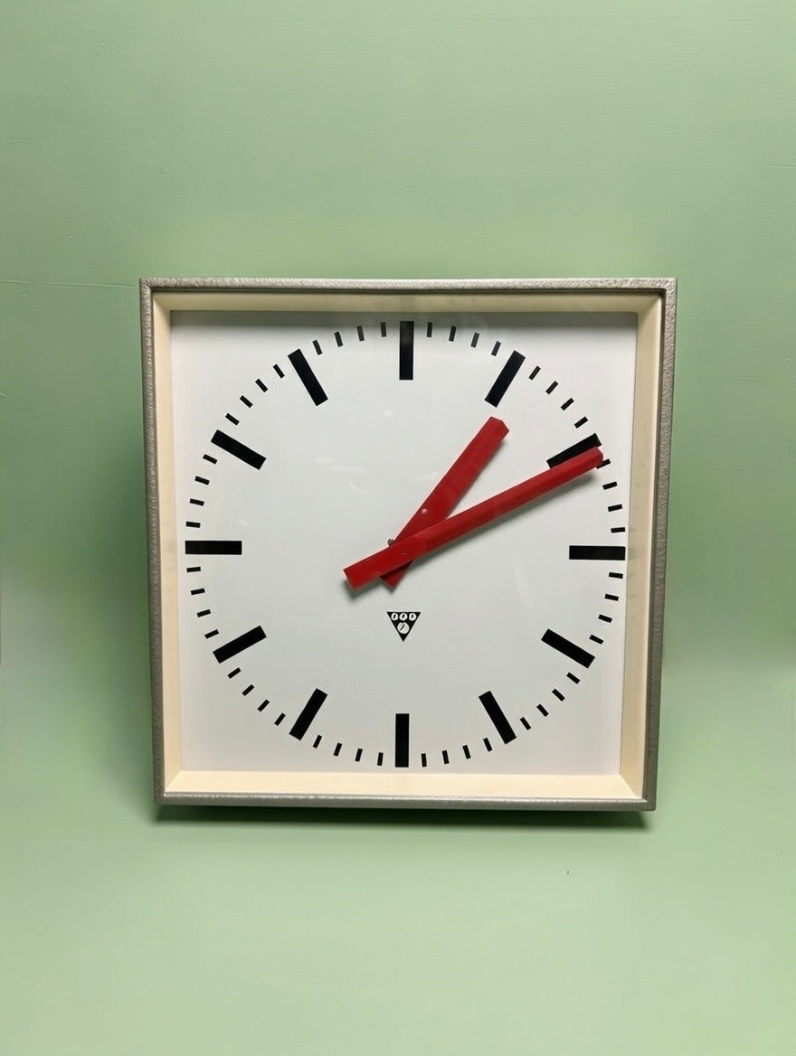 Large Czech Industrial 1970s Square Factory Clocks By Pragotron