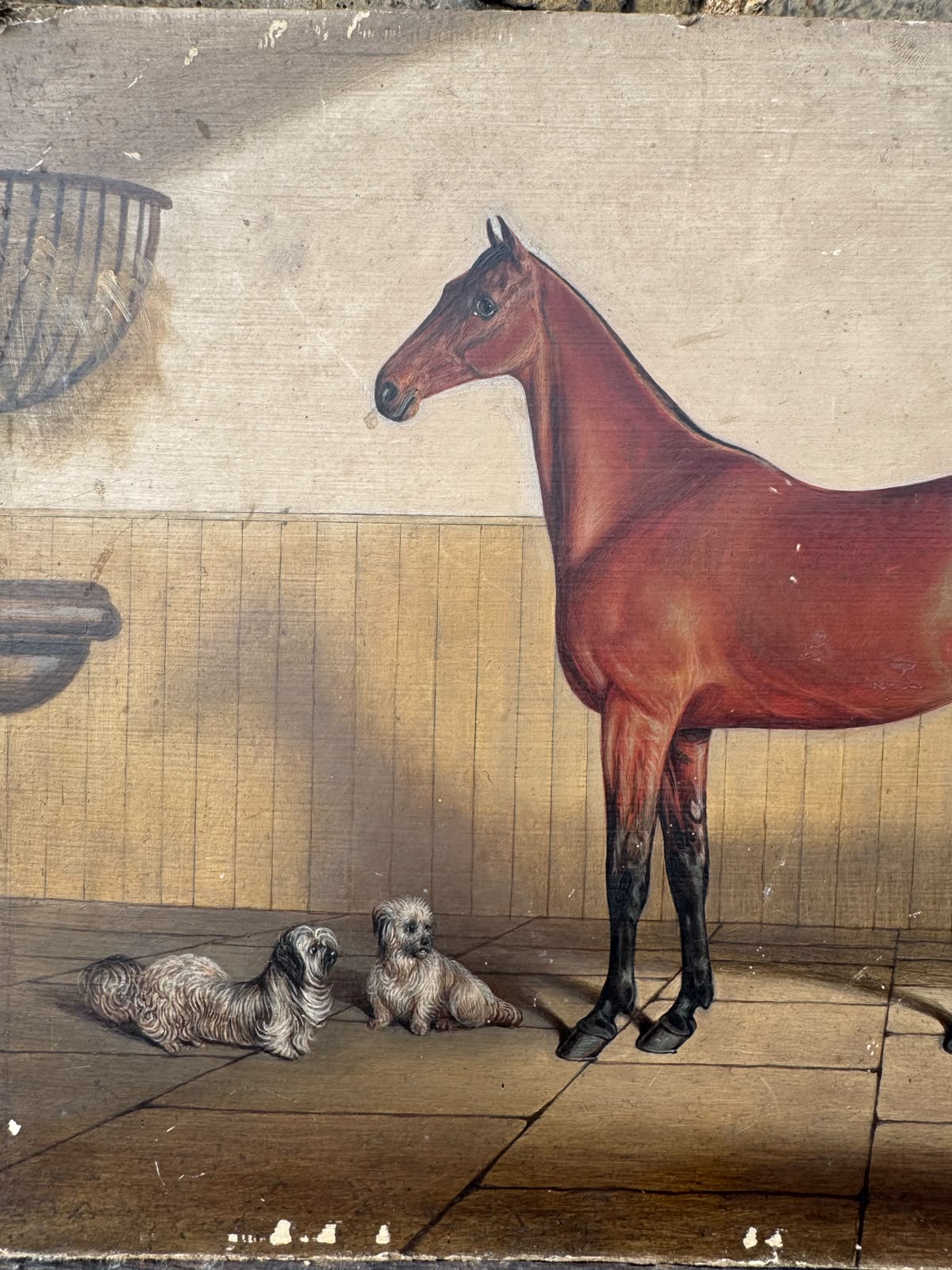 Late 1800s Oil Painting Bay Horse In A Stable