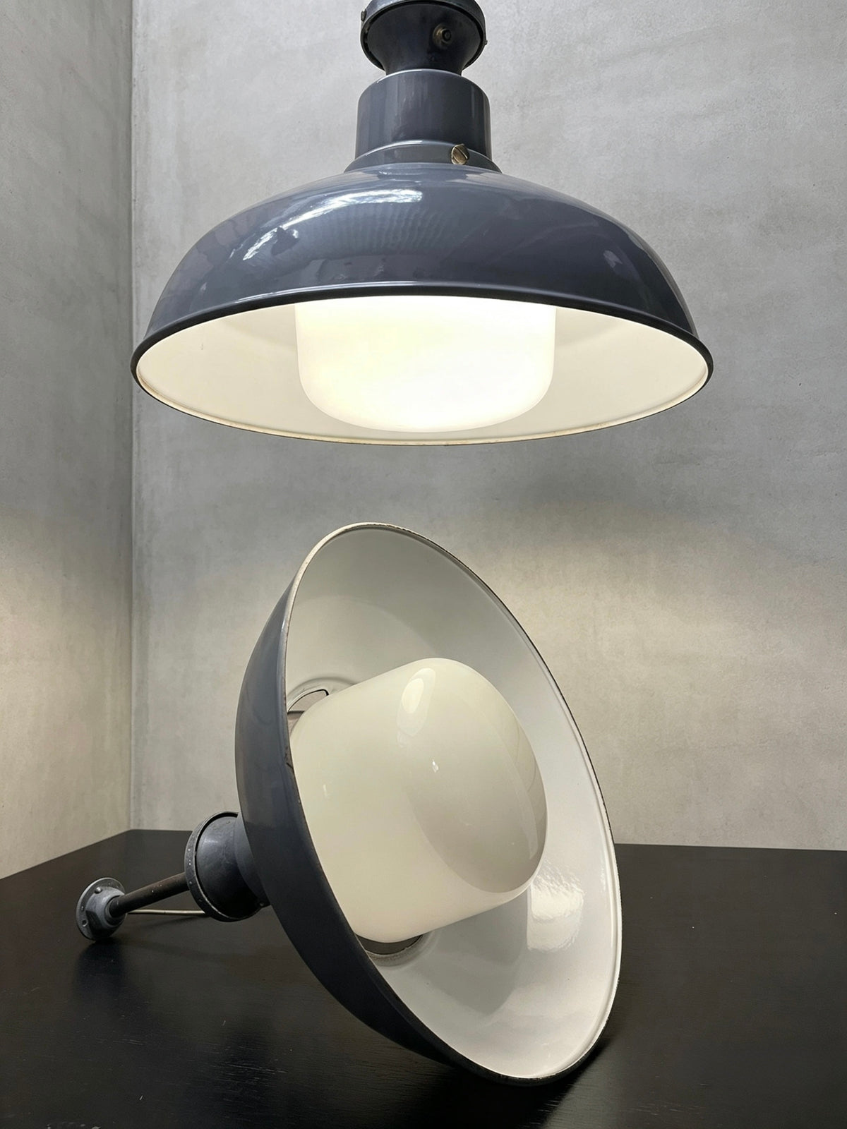 1930s Large Enamel Pendant Lights With Opaline Diffusers By Benjamin