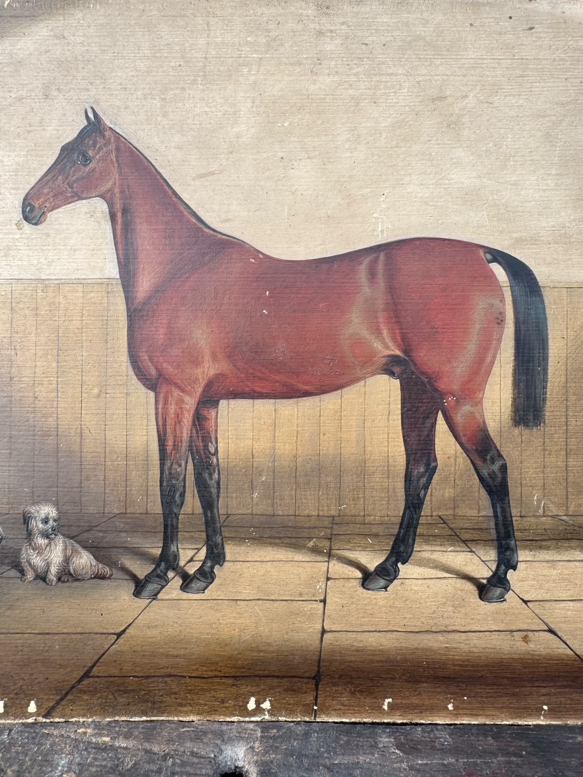 Late 1800s Oil Painting Bay Horse In A Stable