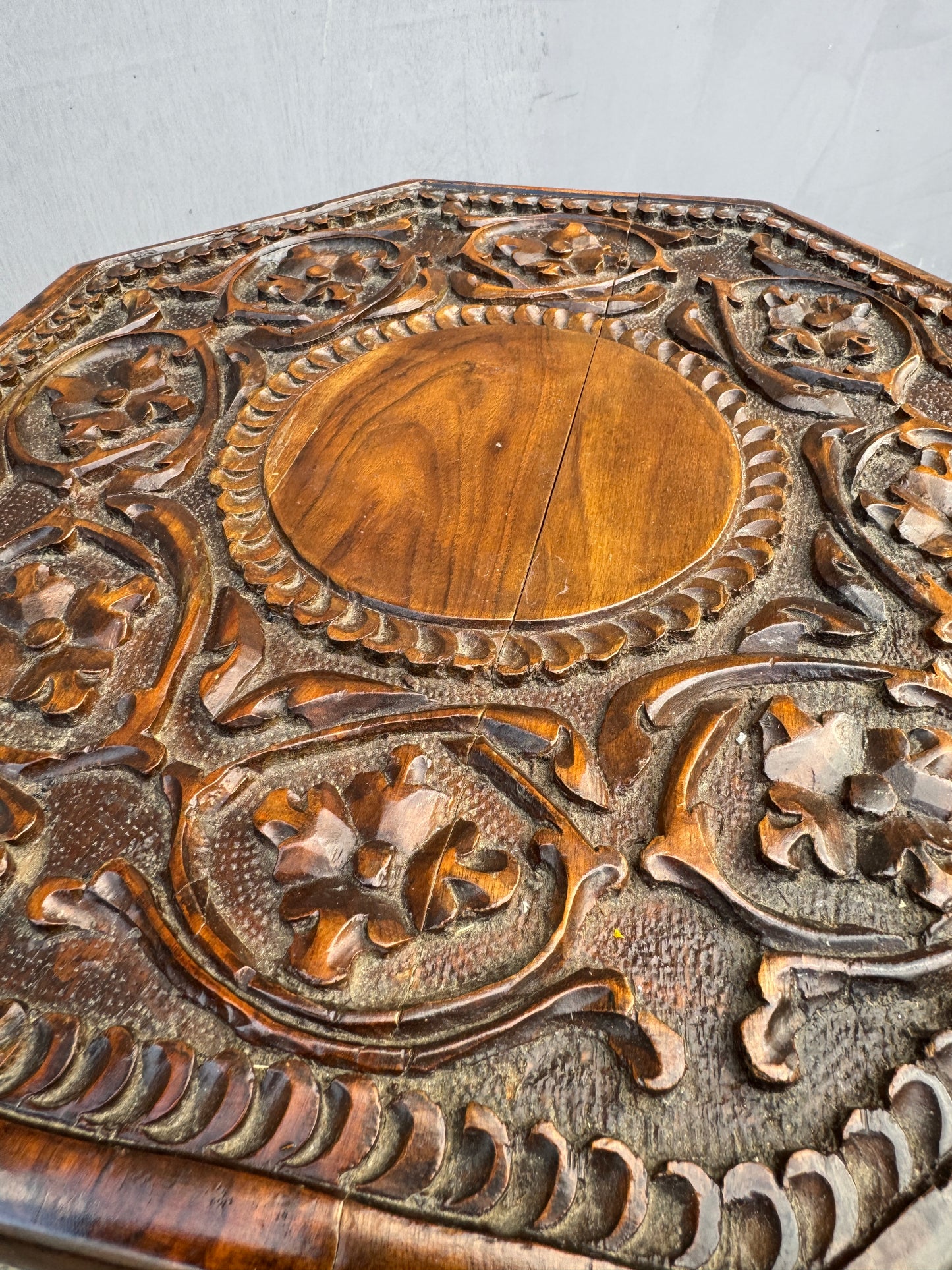 1950s Octaginal Hand Carved Walnut Turkish Table.