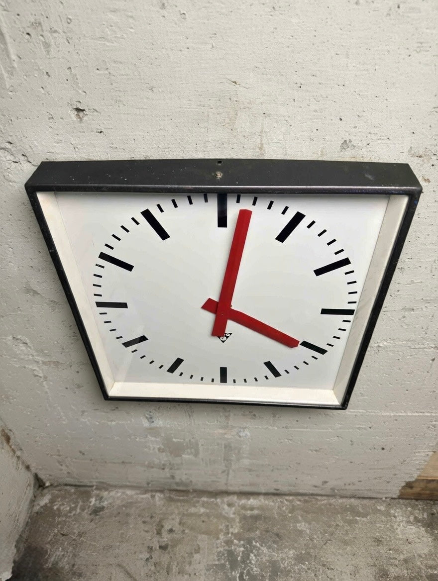 Large Czech Industrial 1970s Square Factory Clocks By Pragotron