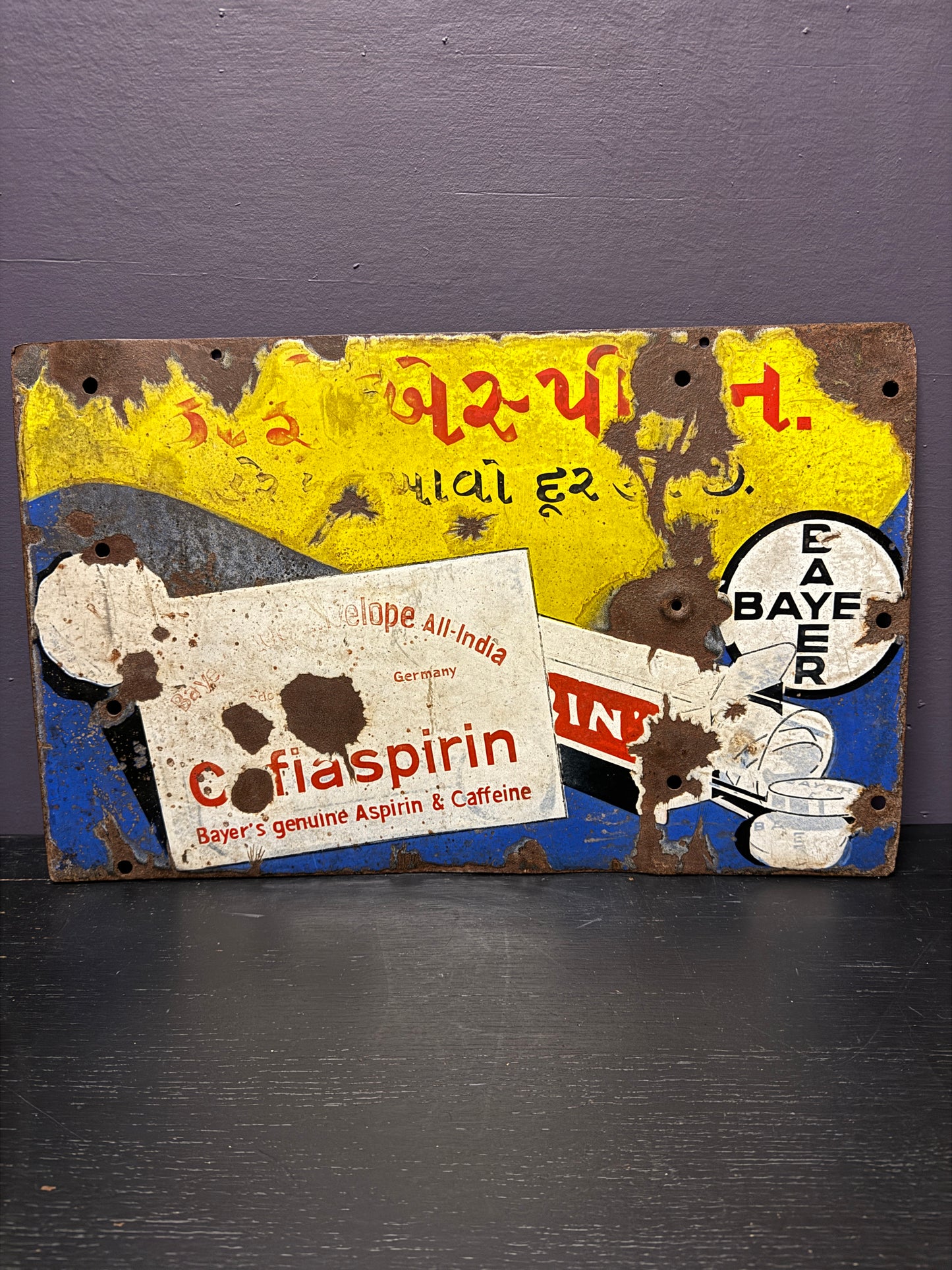 1940S Vintage Bayer Cafiaspirin Double Sided Enamel Advertising Sign