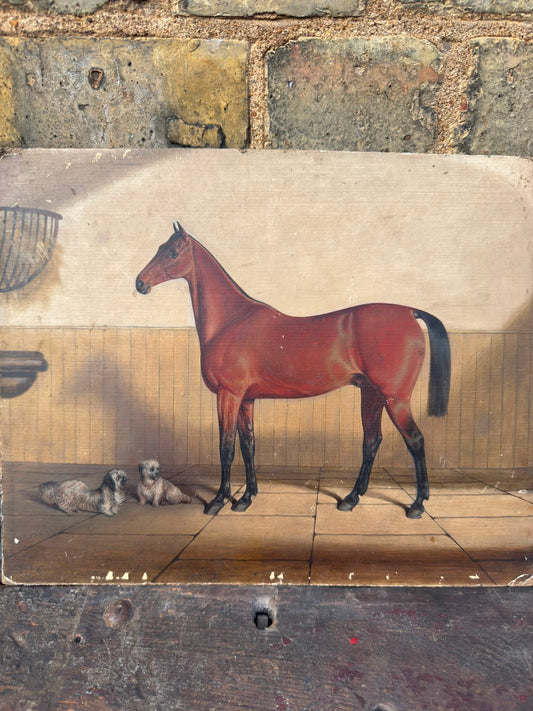 Late 1900s Oil Painting Bay Horse In A Stable