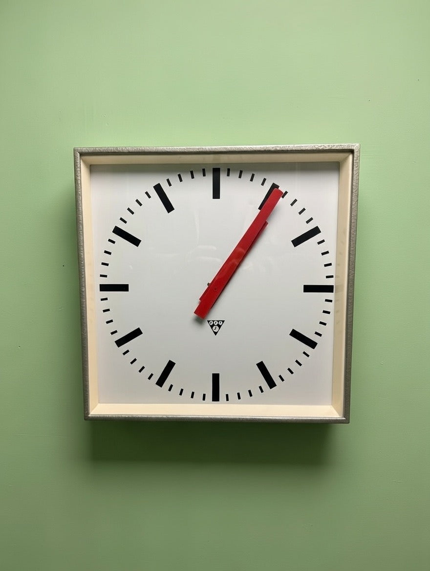 Large Czech Industrial 1970s Square Factory Clocks By Pragotron