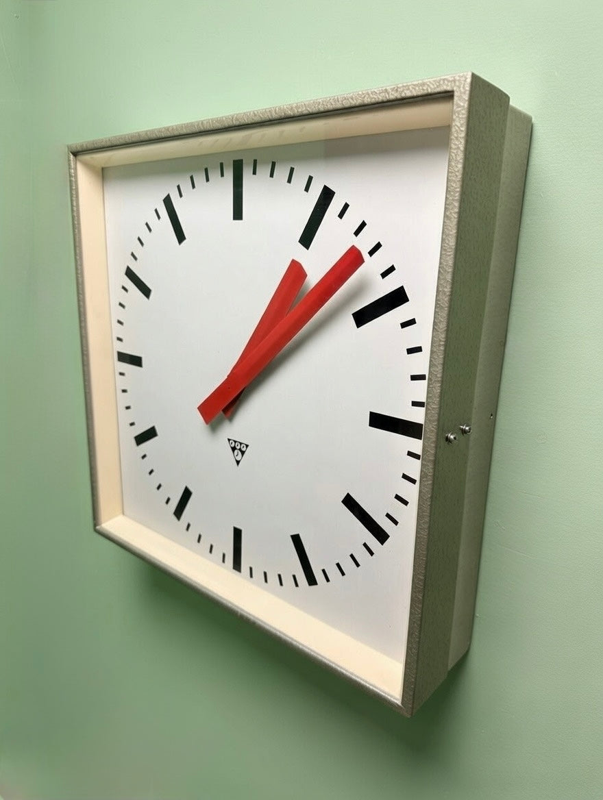 Large Czech Industrial 1970s Square Factory Clocks By Pragotron