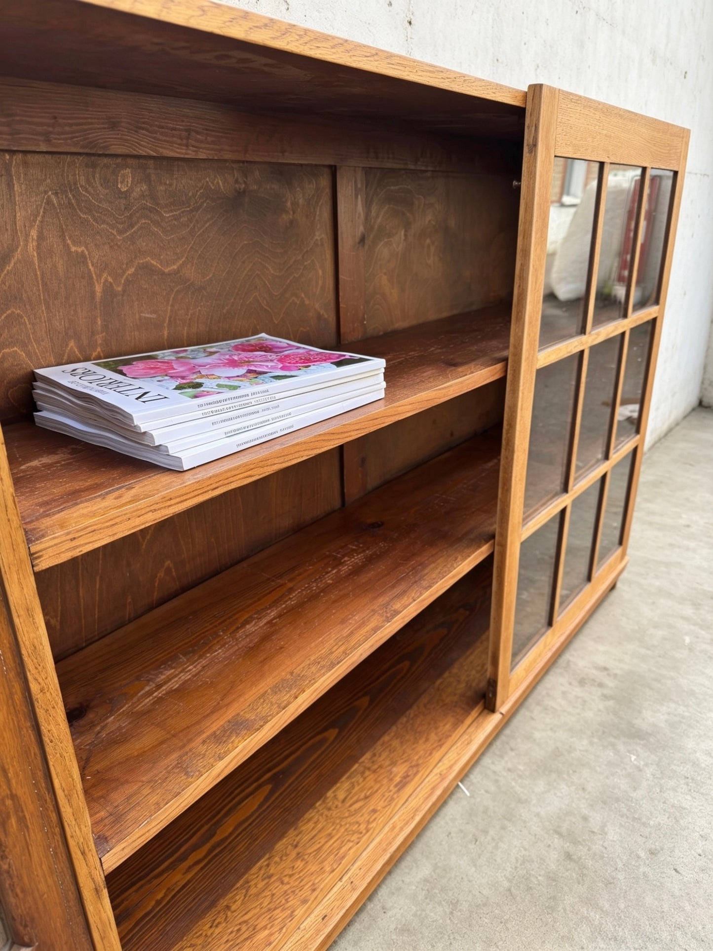 Early 1900s Oak Double Glass Door Display Bookshelf