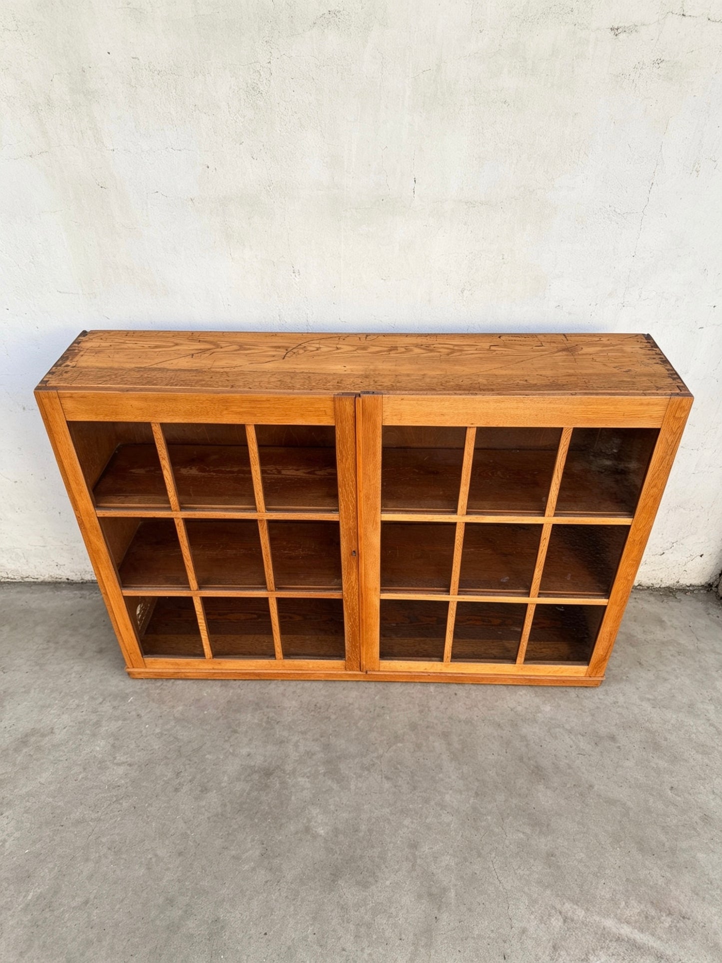 Early 1900s Oak Double Glass Door Display Bookshelf