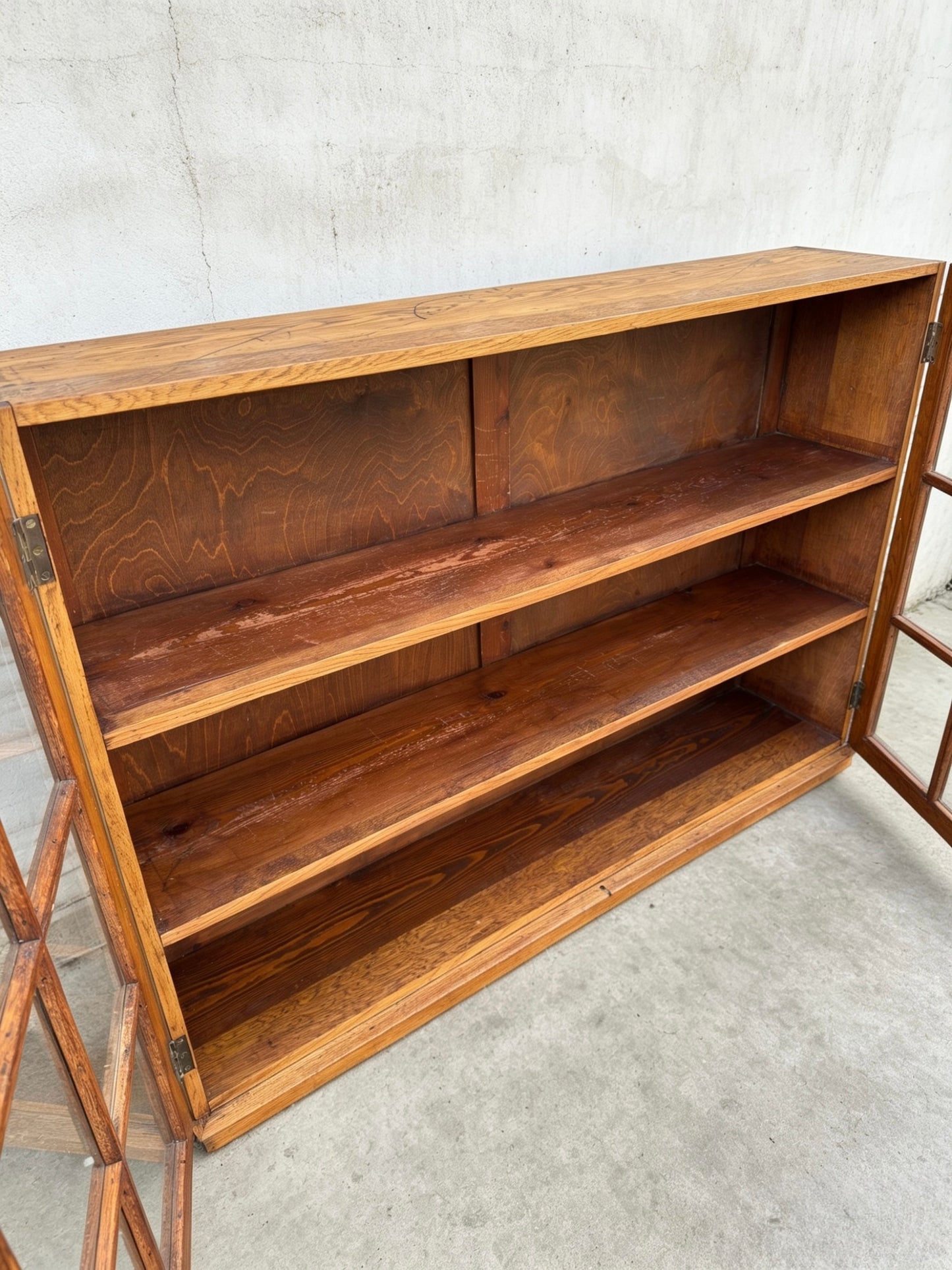 Early 1900s Oak Double Glass Door Display Bookshelf