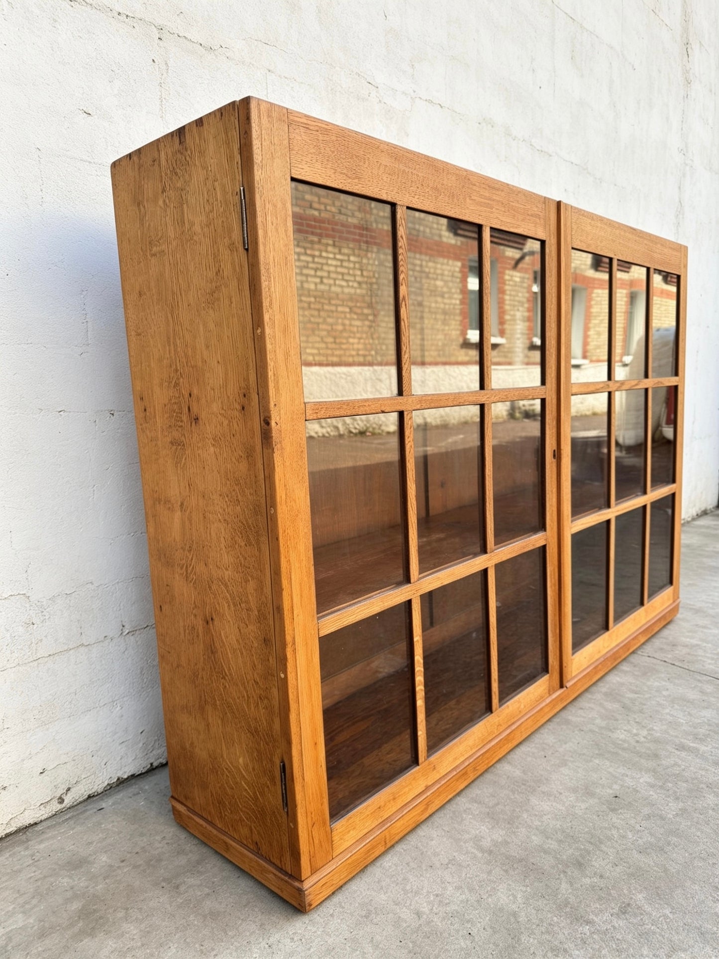 Early 1900s Oak Double Glass Door Display Bookshelf