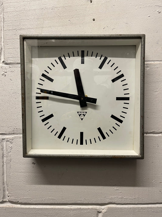 Czech Industrial 1960s Square Factory Clocks By Pragotron